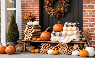 Cozy Autumn Front Porch Decor with Pumpkins, Firewood, and Blankets