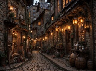 Obraz premium Cozy Medieval Village Street with Warm Lanterns and Stone Buildings