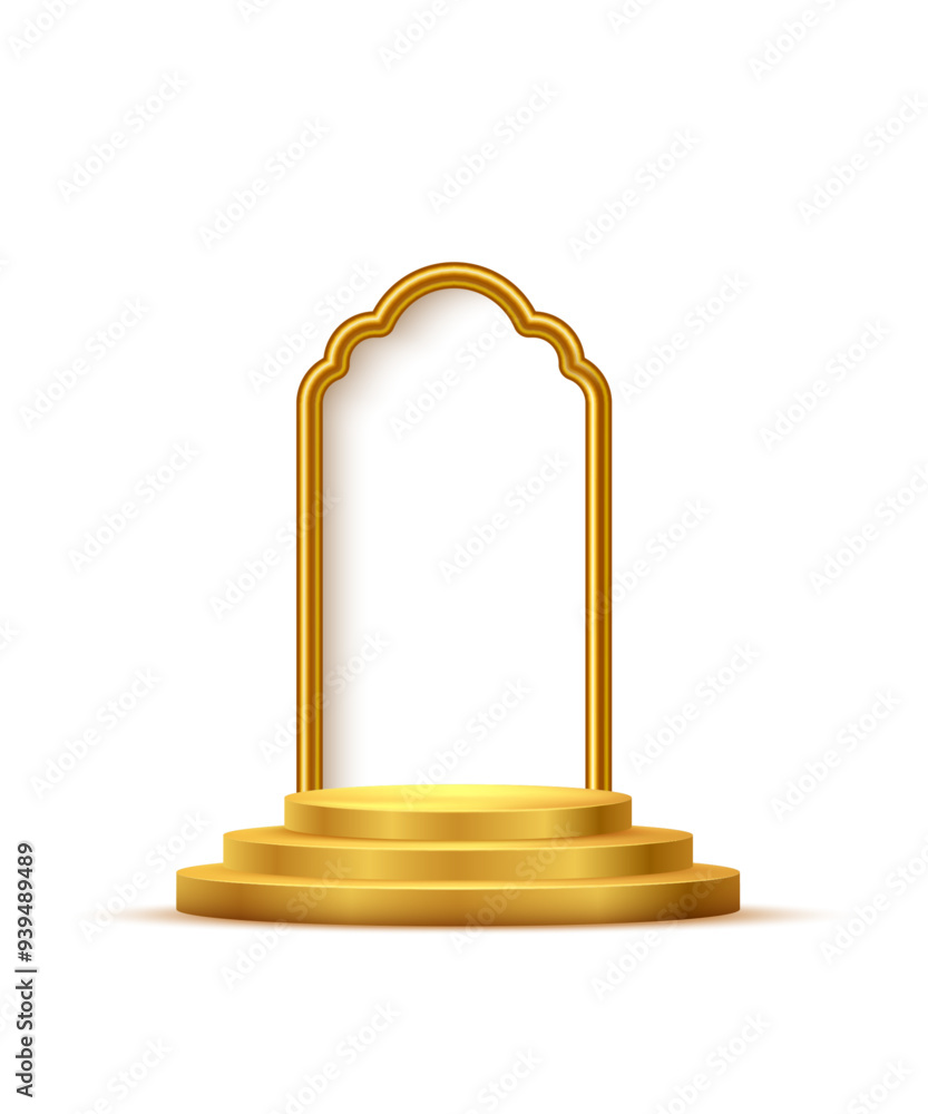 Poster gold 3d podium with frame on white background. abstract empty golden award platform with glowing arc