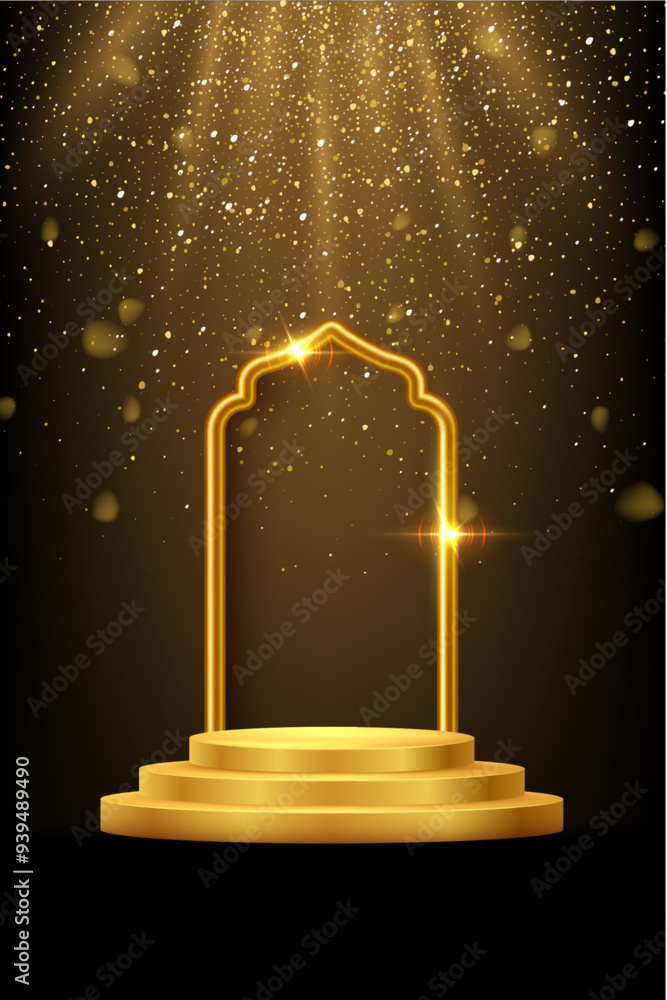 Poster gold 3d podium with frame on black background. abstract empty golden award platform with glowing arc