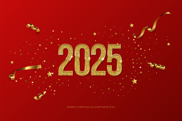 2025 Happy New Year greeting card vector template. Festive Christmas horizontal social media banner design with congratulations. Golden numbers with confetti realistic illustration on red background