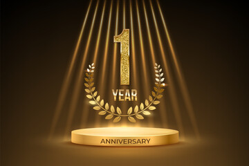 First anniversary gold award podium. 1 year celebration birthday or jubilee golden vector background. Luxury stage with glowing rays, glittering number one and laurel wreath with text anniversary