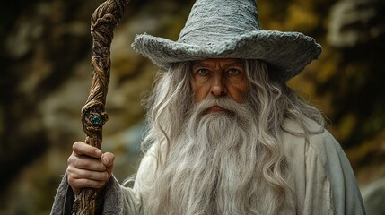 Close-up of a man in mystical wizard costume with long beard, hat, and staff