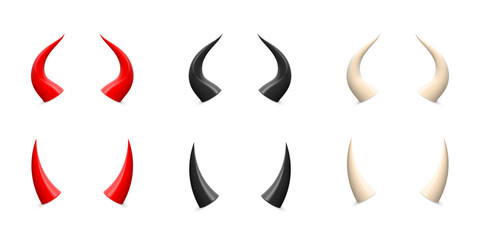 Devil horns 3d halloween costume set. White, red and black demon or satan carnival elements. Symbol of evil. Sexy design element isolated on white background.