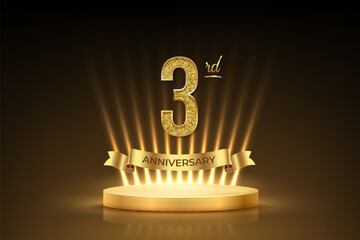 Third anniversary gold award podium. 3 year celebration birthday or jubilee golden vector background. Luxury stage with glowing rays, glittering number 3 and ribbon with text anniversary on black.