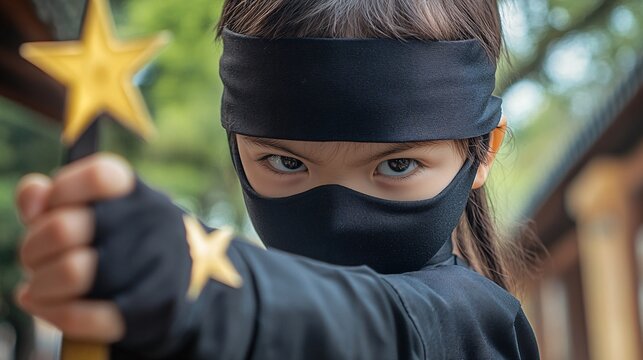 Young Ninja Warrior - Close-up of determined child in ninja costume with mask and throwing stars, prepared for adventure and stealth.