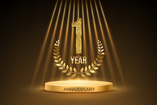 First anniversary gold award podium. 1 year celebration birthday or jubilee golden vector background. Luxury stage with glowing rays, glittering number one and laurel wreath with text anniversary