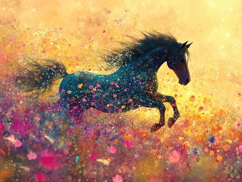 Majestic Black Horse Galloping Through Vibrant Field of Flowers Amid Golden Sunset