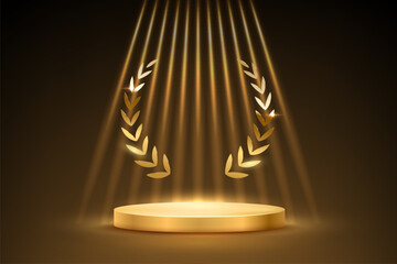 Gold award podium vector illustration. Abstract empty 3d golden stage with glowing light rays and laurel wreath isolated on black background. Luxury product presentation, winner ceremony.