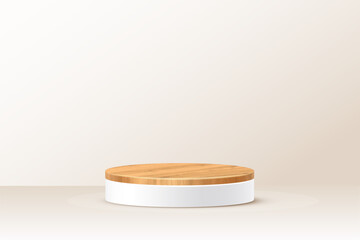 Wooden 3d podium on beige background. Round stage display product. Empty circle stand pedestal of natural wood with white base for luxury product presentation. Realistic modern vector illustration.