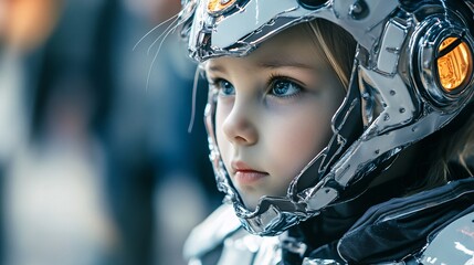 Futuristic Child in Robot Costume - Close-up of Kid Wearing Metallic Halloween Outfit with Science Fiction Theme
