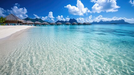 The pristine white sands and turquoise waters of Bora Bora, French Polynesia, with overwater bungalows in the distance