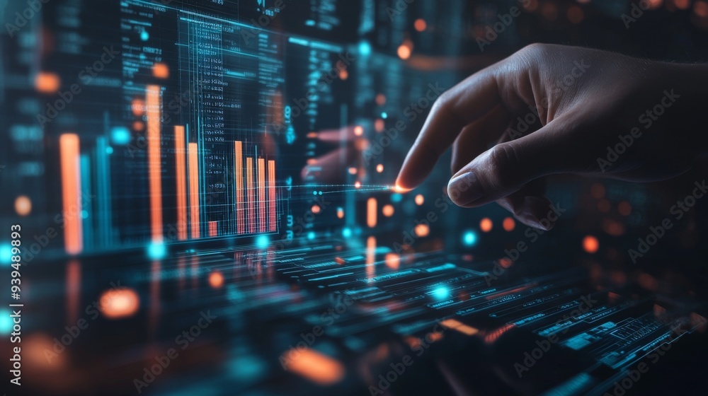 Poster hand adjusting a virtual bar graph, with data points floating in the air, futuristic concept