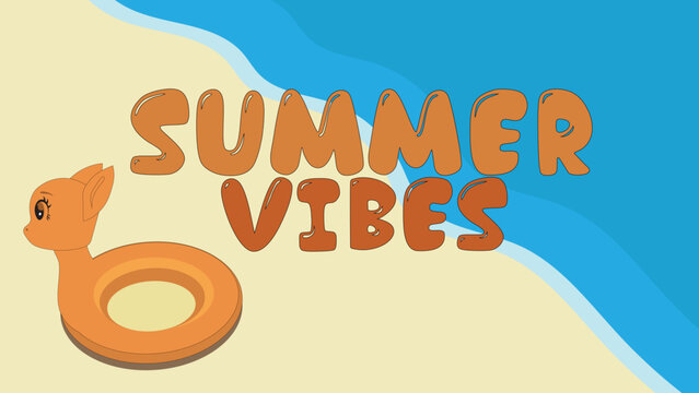 Colorful layout template with inflatable pony ring and summer lettering on sand and sea background, horizontal poster, greeting card, header for creative use