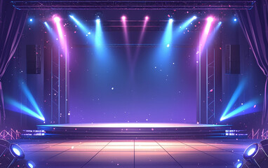 Concert Stage Scenery With Spotlights and Colored Lights, realistic image