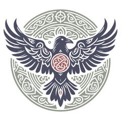 Viking Old Celtic Scandinavian design. Hammer of God Thor, two Ravens and Celtic patterns drawn in vintage retro style, isolated on black, vector illustration