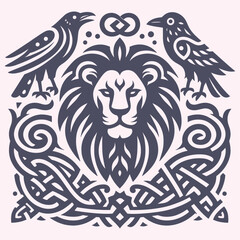 Viking Crow and lion, lion viking black and white illustration print on t-shirts,jacket,souvenirs or tattoo free vector