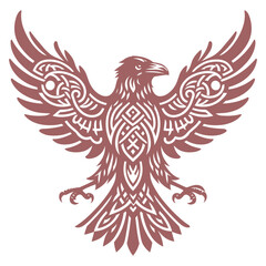 Abstract viking circle rune symbol with black ink blots raven silhouette isolated on white background