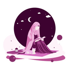 Cute muslimah girl reading book and pray while sitting out door with cat at night modern noface design style vector illustration