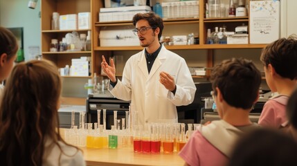 Obraz premium A scientist in a lab coat teaching a group of students about a chemistry experiment, with various colorful chemicals on the table