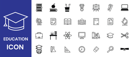 Education icon collection. Related student, academy, school, college and more. Set of 28 education web icons isolated on white background. Vector illustration.