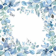 Botanical frame with watercolor leaves and berries in blue-green tones for elegant designs.
