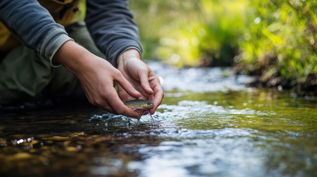 A serene river scene where a researcher is releasing baby fish into the water as part of a reintroduction program to restore local ecosystems
