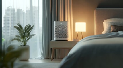 A stylish bedroom featuring a smart air purifier next to a nightstand, with a neatly made bed and soft lighting creating a warm ambiance