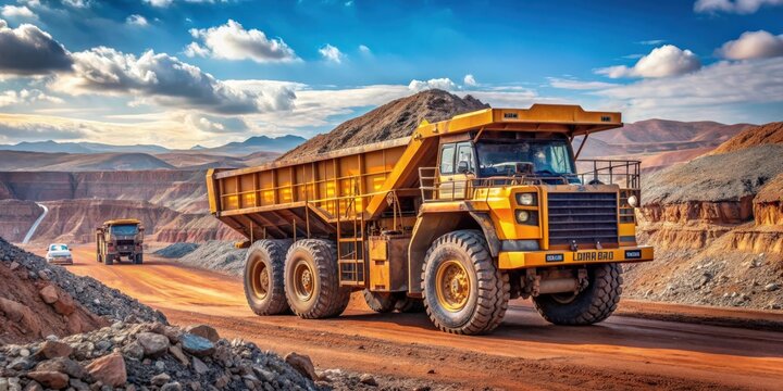 Mining truck being loaded with iron ore at open pit mine, mining truck, open pit mining