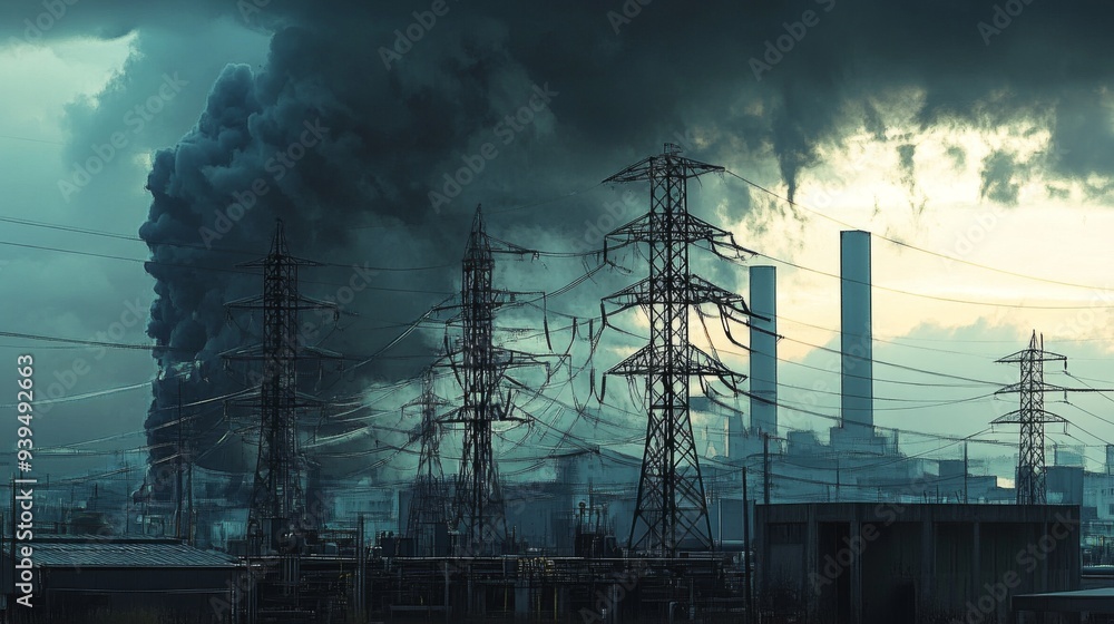Poster Industrial scene with multiple power poles and transformers, dark clouds in the background