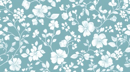 A floral pattern featuring white flowers and leaves on a teal background.