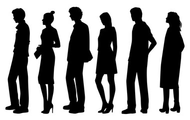 Vector silhouettes of  men and a women, a group of standing   business people, profile, black isolated on white background