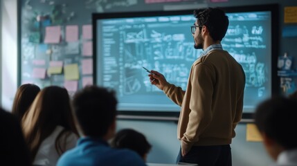 A teacher standing in front of a smartboard, explaining a complex math problem to attentive high school students in a modern classroom