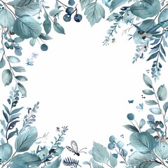 Botanical frame with watercolor leaves and berries in blue-green tones for elegant designs.