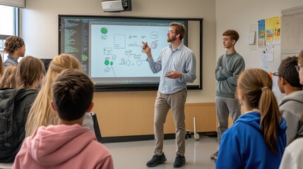 A teacher standing in front of a smartboard, explaining a complex math problem to attentive high school students in a modern classroom