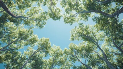 Green tree canopy forming circle against blue sky in lush forest. Nature background with fresh foliage and sunlight.
