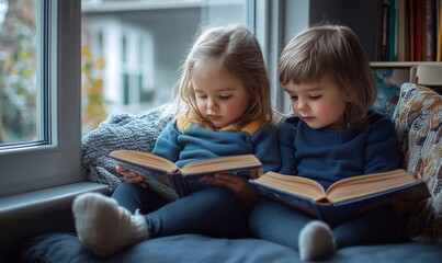 reading young siblings sit on a comfortable window seat, lost in their book, World Book Day (created with Generative AI), Generative AI