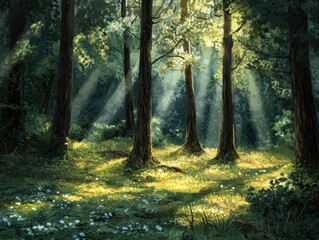 Obraz premium Enchanting Sunlit Forest with Sunbeams Filtering Through Tall Trees