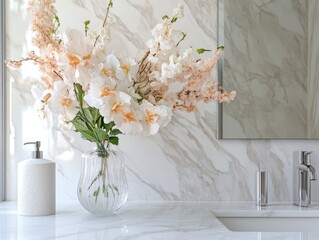 Elegant Bathroom Interior with Marble Countertop and Floral Arrangement in Glass Vase