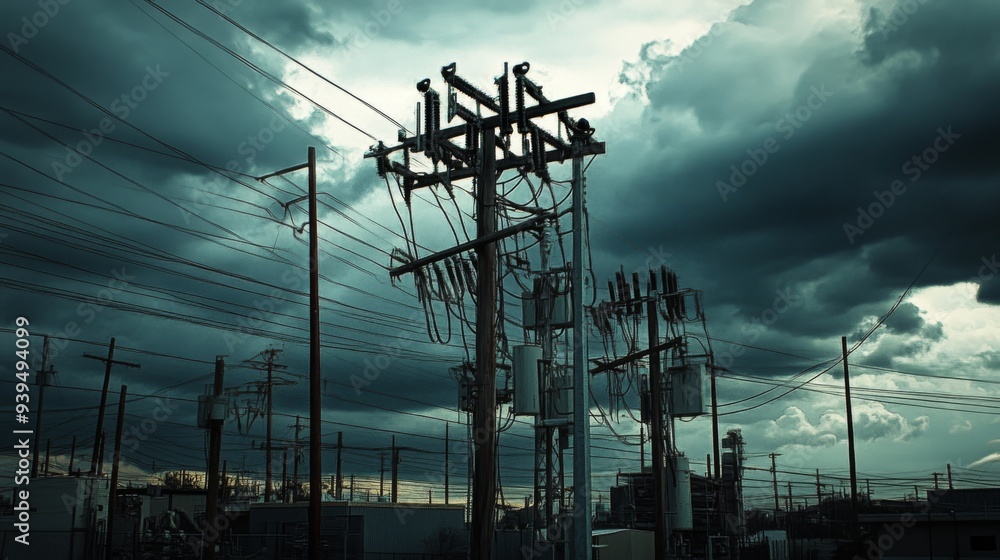Poster Industrial scene with multiple power poles and transformers, dark clouds in the background