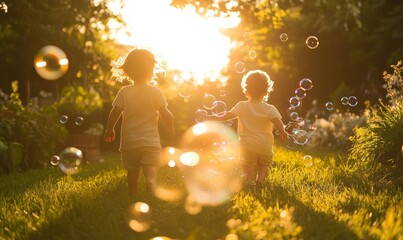 Two siblings playfully chase bubbles in a sun-dappled garden, their laughter echoing the carefree joy of childhood, Generative AI