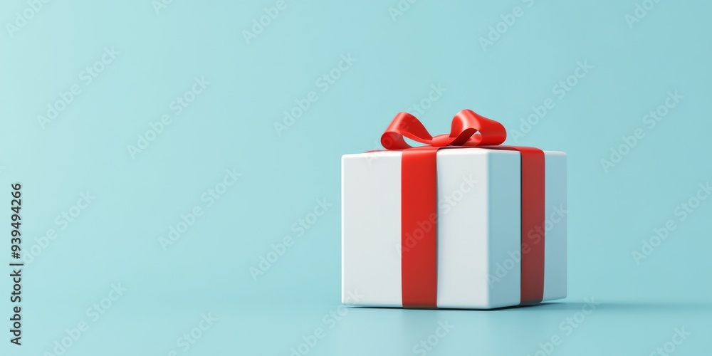 Poster a 3d single icon of a hexagonal gift box with a bold red ribbon placed in a minimalist setting with 