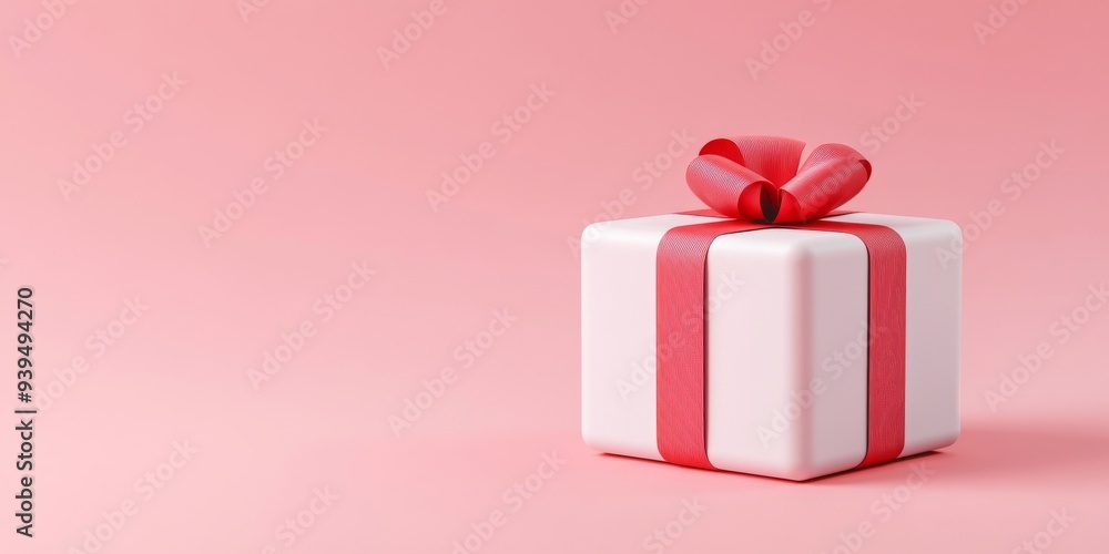 Poster a 3d single icon of a hexagonal gift box with a bold red ribbon placed in a minimalist setting with 