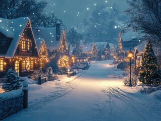 Fototapeta premium Enchanting Snowy Village at Night with Holiday Lights and Falling Snow