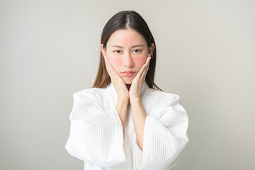 Dermatology, scratch asian young woman looking at camera, expression worry and itch, itchy allergy...