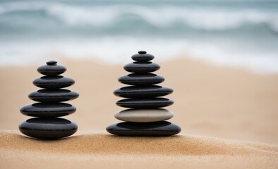 Stacked Zen Stones on a Sandy Beach with Ocean Waves in the Background