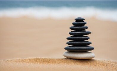 Stacked Zen Stones on a Sandy Beach with Ocean Waves in the Background