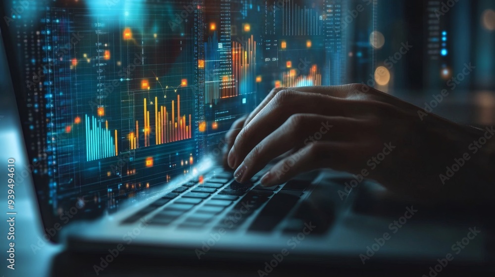 Poster interactive dashboard with real-time data graphs, hands typing on a keyboard