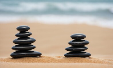 Stacked Zen Stones on a Sandy Beach with Ocean Waves in the Background