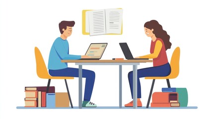 A tutor sitting with a student at a desk, helping them solve a challenging problem, with books and a laptop nearby.